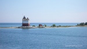 This is a historic lighthouse on Round Island, in the Straits of Mackinac.