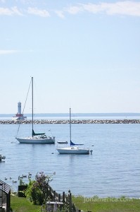 There are also many sailboats in the harbor and around the island. Here you can see the more modern Mackinac Lighthouse.