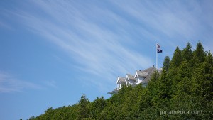 We're now climbing up the hill to Fort Mackinac. These are the peaks of a private residence.